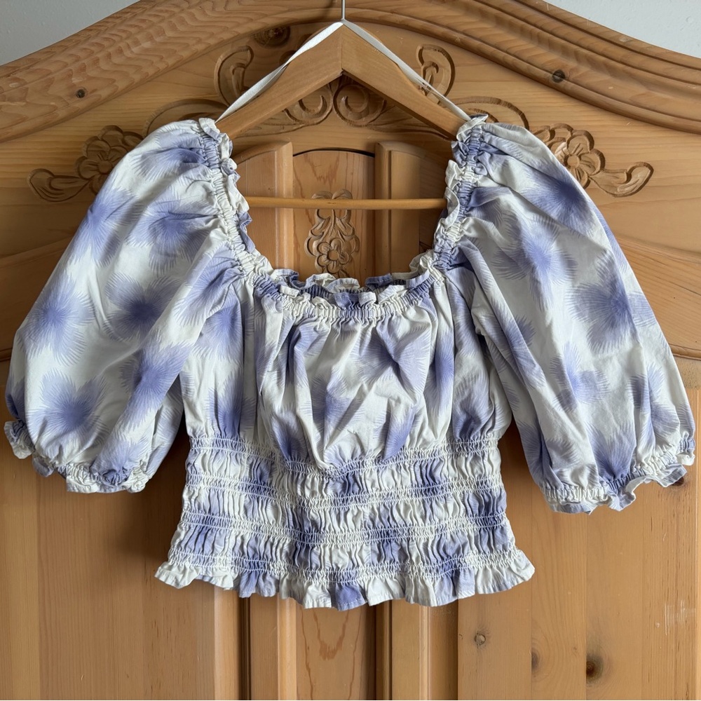 Levi's Lavender and White Smocked Puff-Sleeve Crop Top